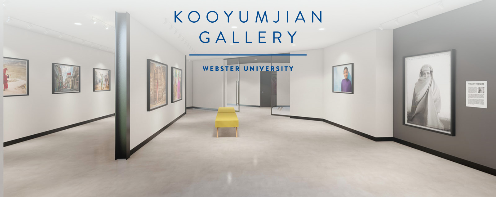 Architectural rendering of the renovated Gallery, showing seating, photo placement, and wood elements.