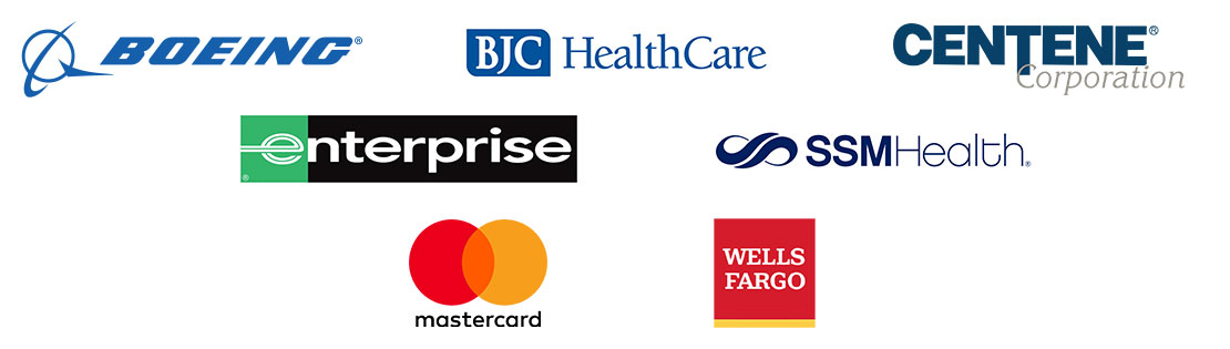 Logos for Boeing, BJC Healthcare, Centene Corporation, Enterprise, Mastercard, SSM Health and Wells Fargo